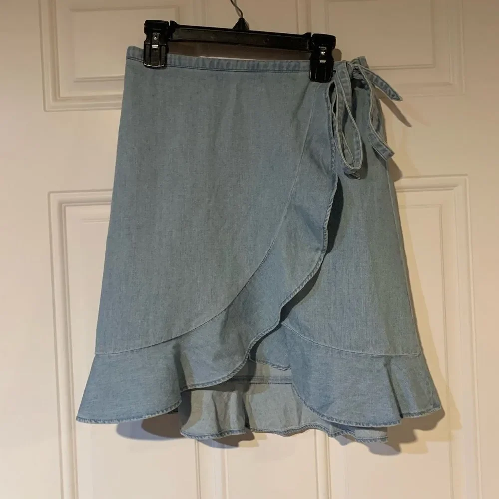 J Crew Mercantile Soft DenimBlue Mini Wrap Skirt with Ruffled Hem